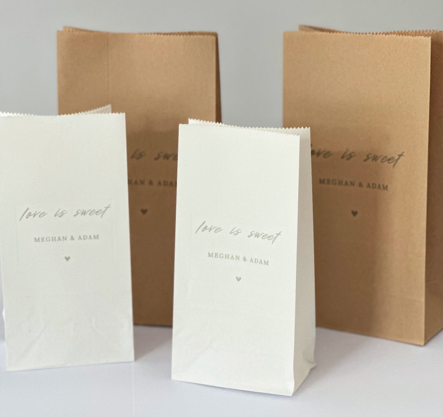 Custom White and Kraft Love is Sweet Favor Bags for Weddings and Parties