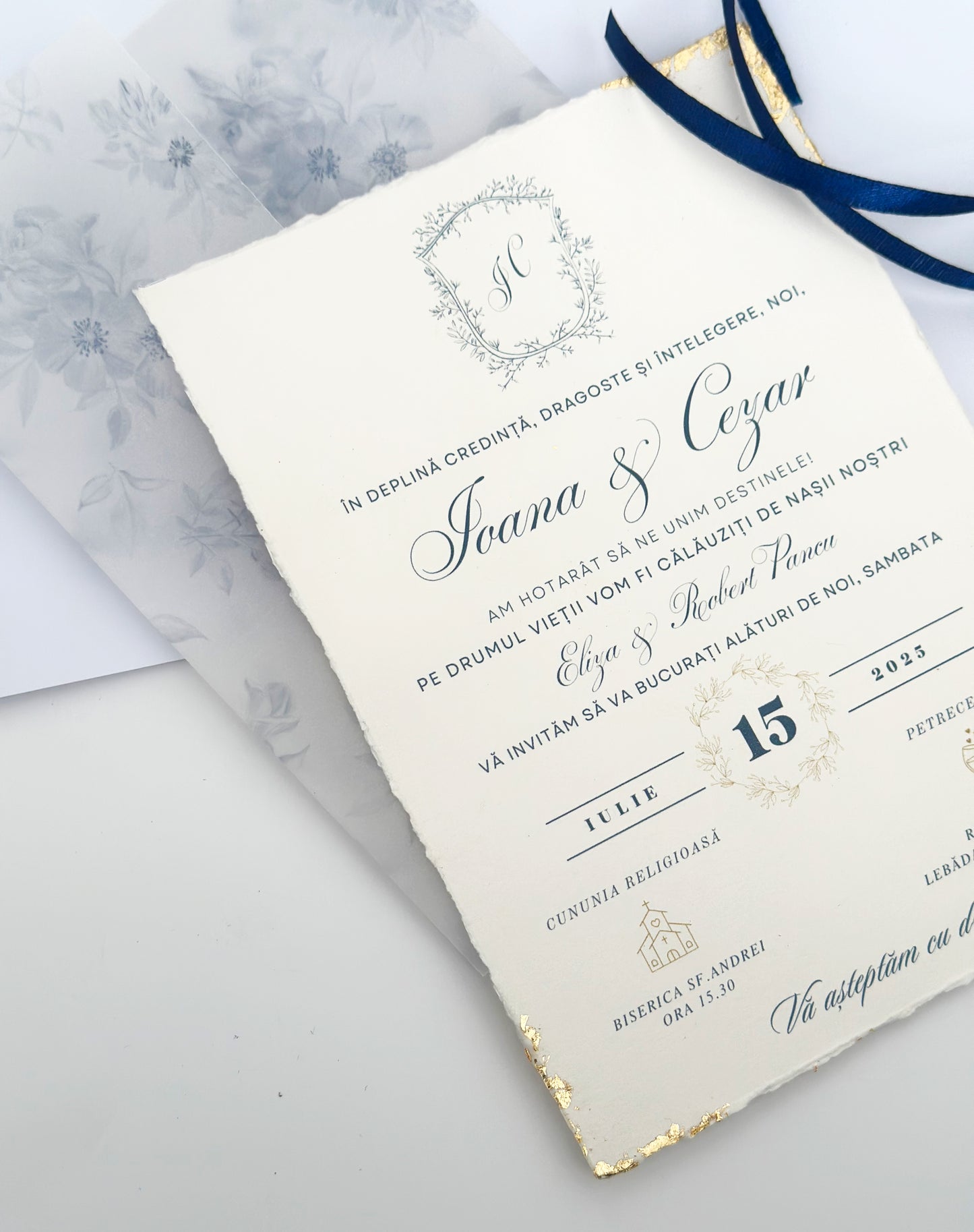Elegant Wedding Invitation in Blue and Gold with Floral Vellum Wraps
