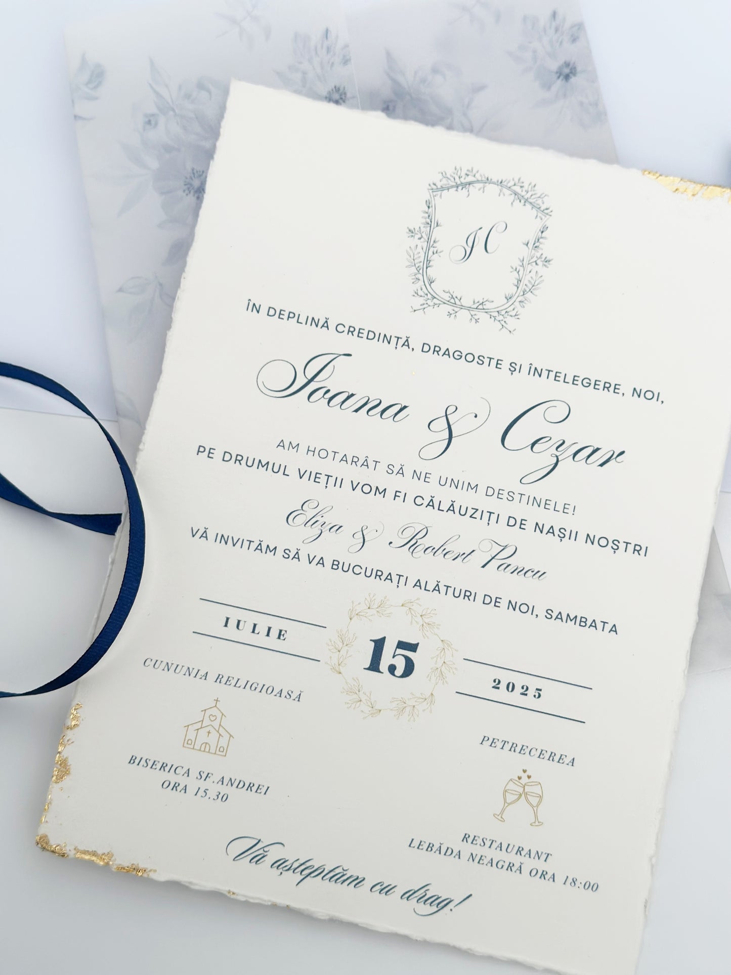 Elegant Wedding Invitation in Blue and Gold with Floral Vellum Wraps