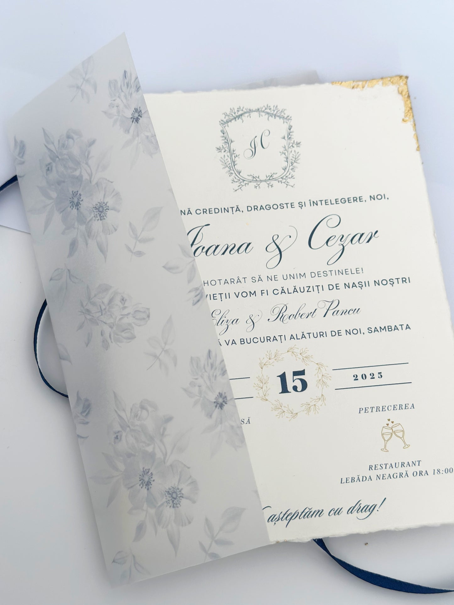 Elegant Wedding Invitation in Blue and Gold with Floral Vellum Wraps