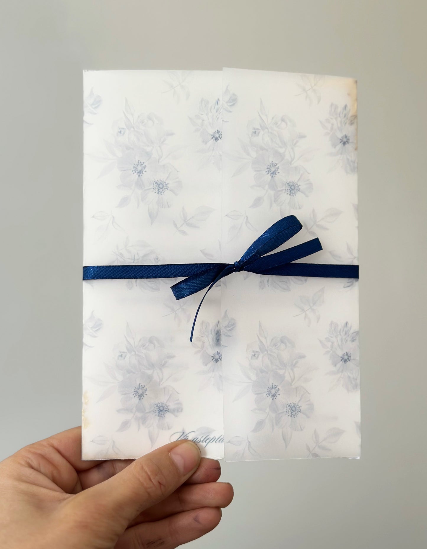 Elegant Wedding Invitation in Blue and Gold with Floral Vellum Wraps