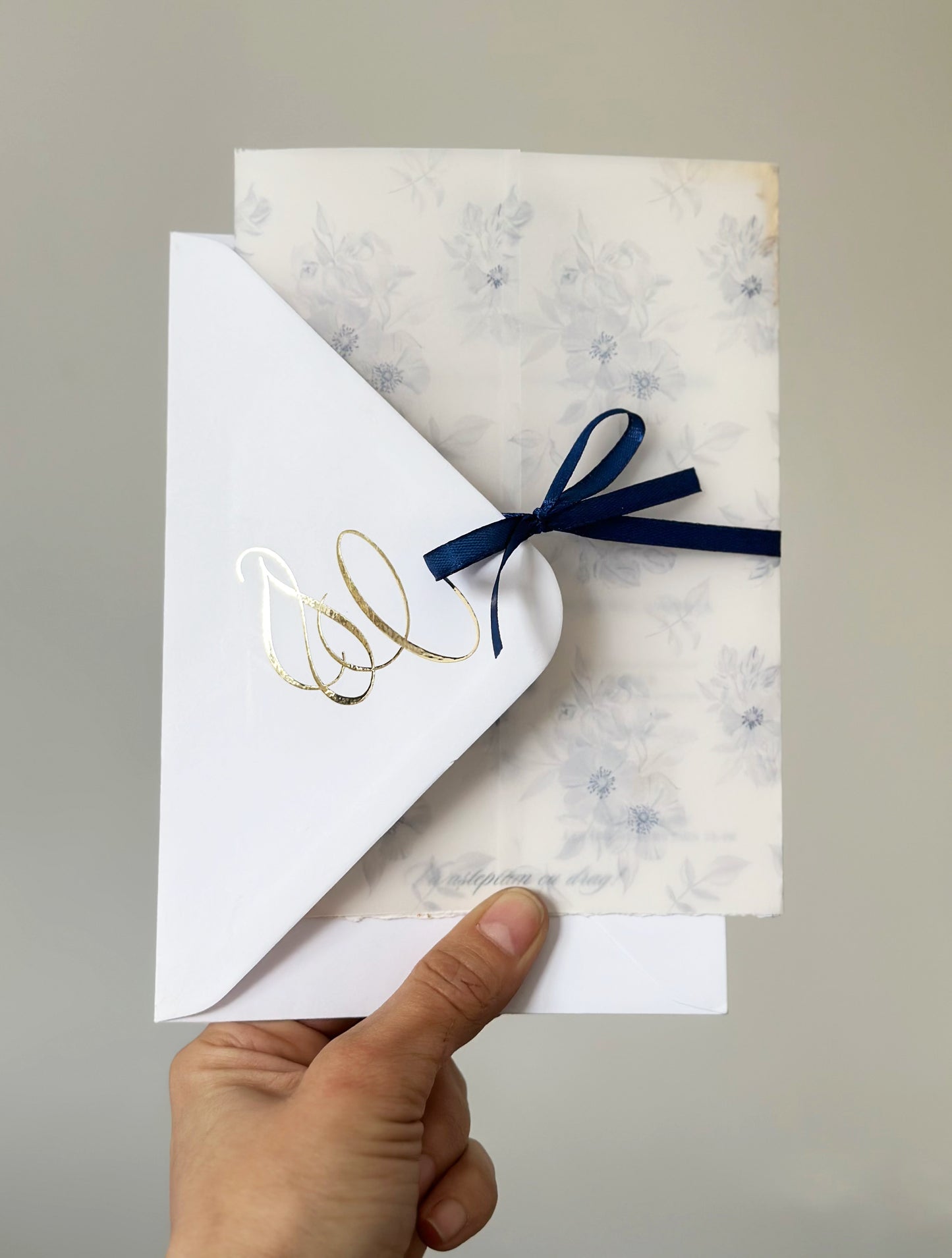 Elegant Wedding Invitation in Blue and Gold with Floral Vellum Wraps