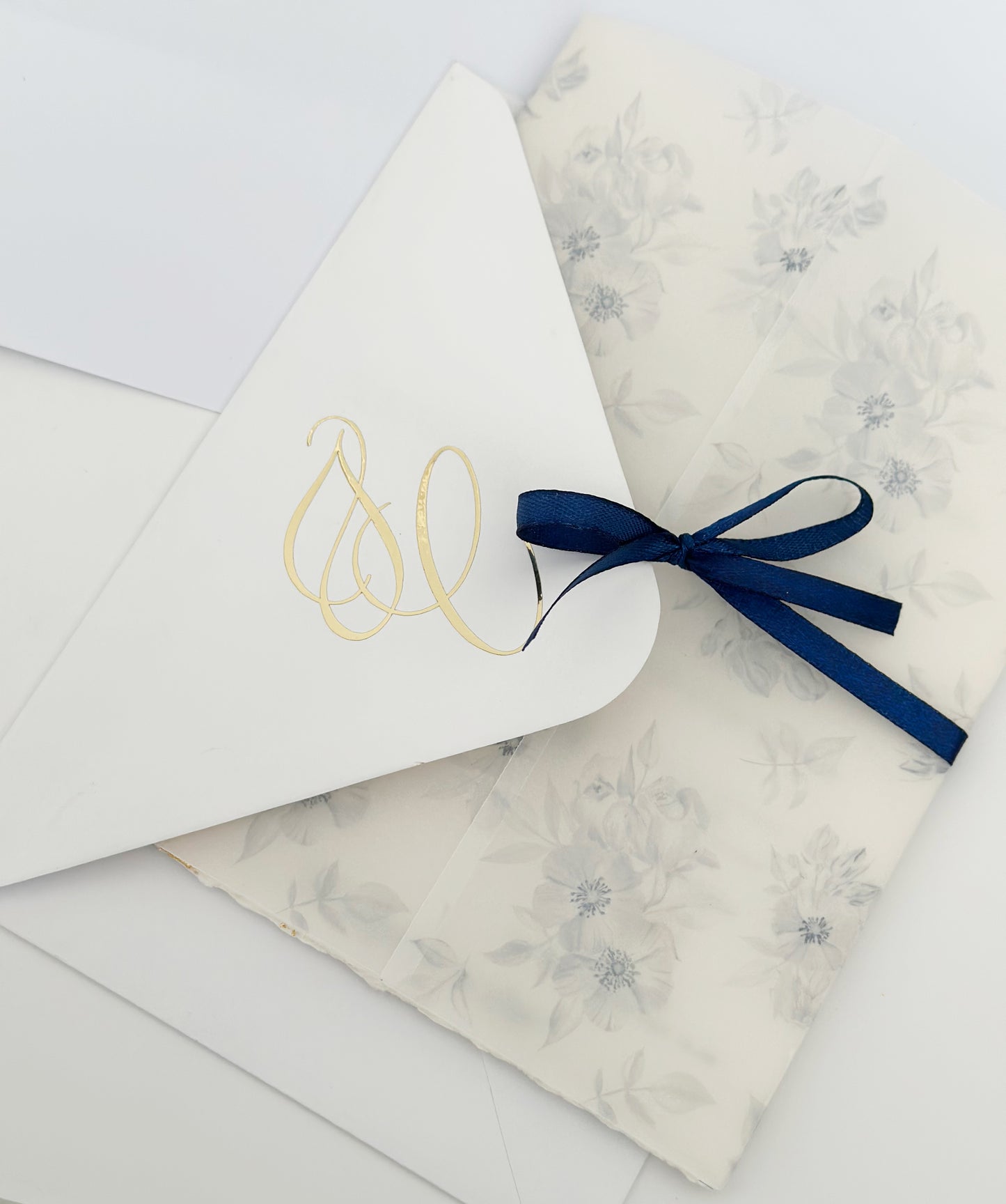 Elegant Wedding Invitation in Blue and Gold with Floral Vellum Wraps