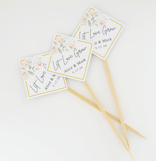 12 Let Love Grow Party Favor Picks, Wedding, Bridal Party, Thank You Tags