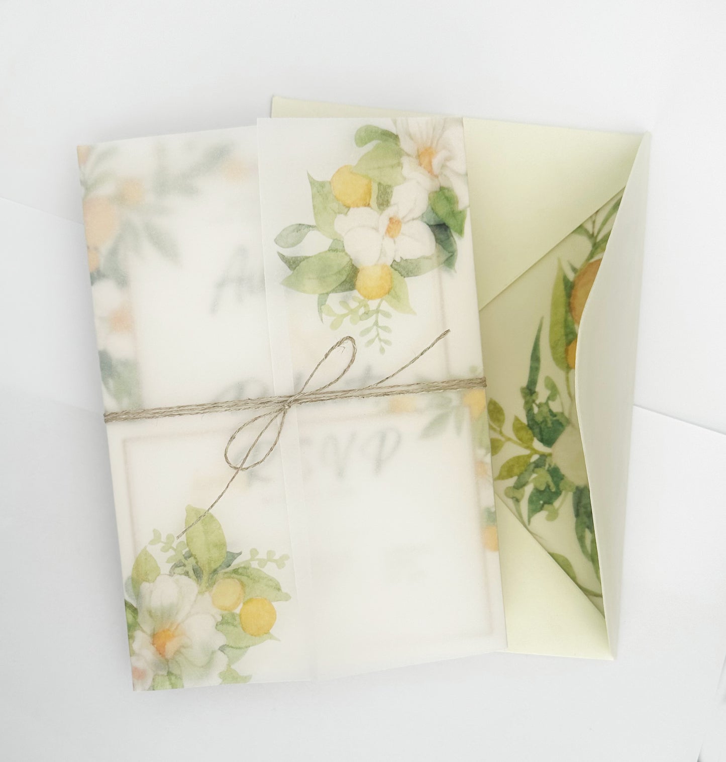 Lemon Wedding Invitation with Envelope and RSVP Card, Summer Citrus Blossom Invitations