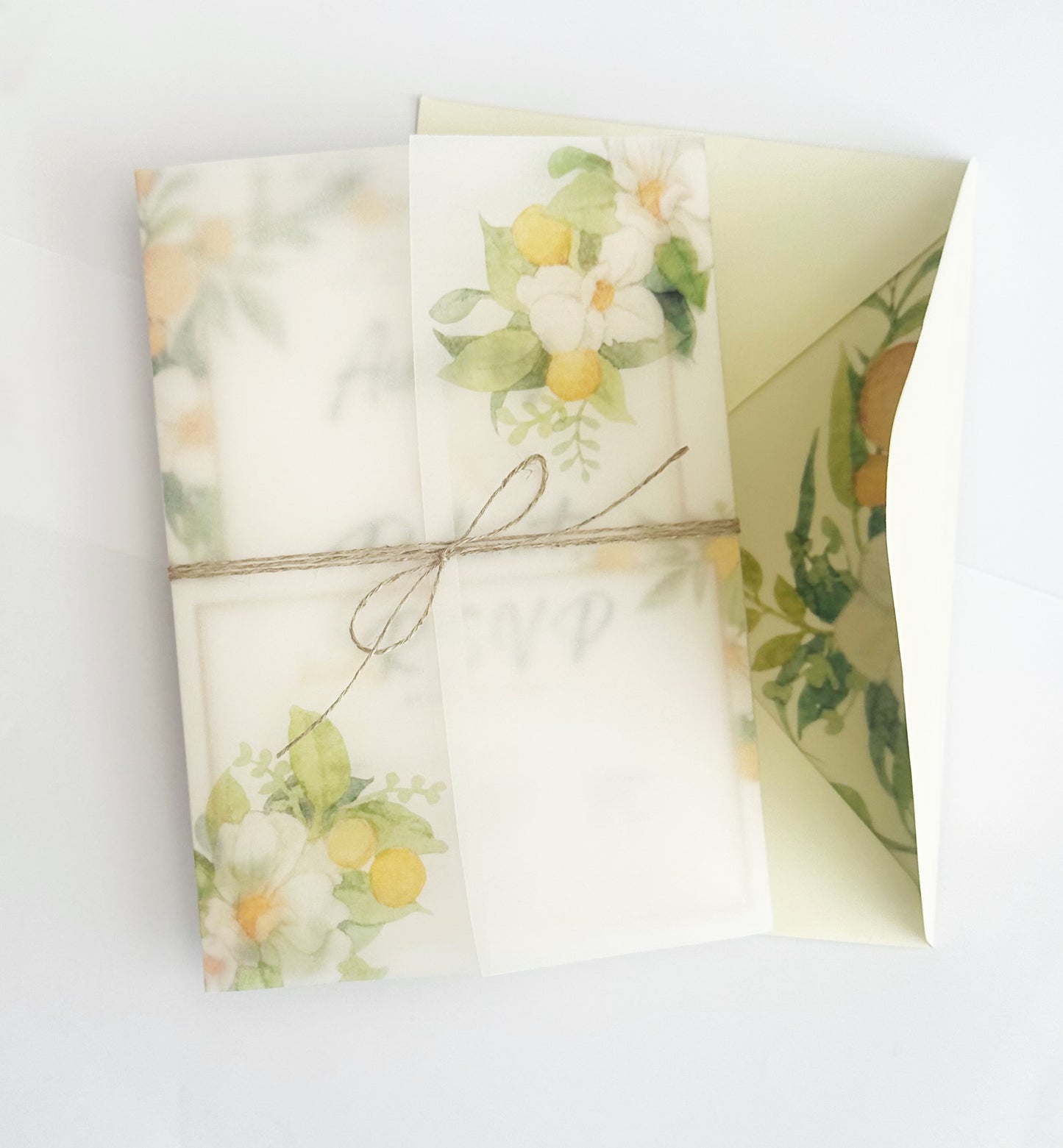 Lemon Wedding Invitation with Envelope and RSVP Card, Summer Citrus Blossom Invitations