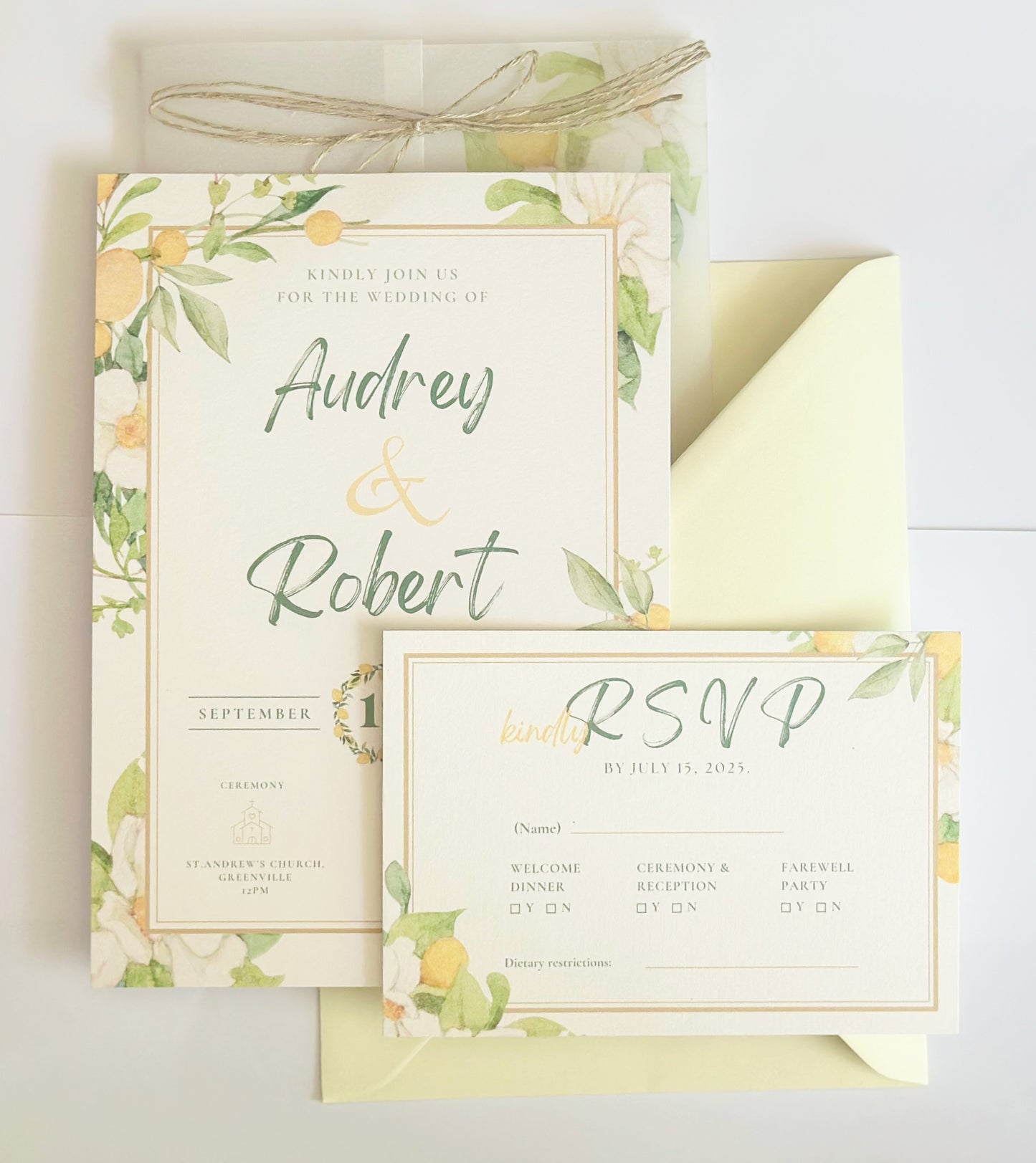 Lemon Wedding Invitation with Envelope and RSVP Card, Summer Citrus Blossom Invitations