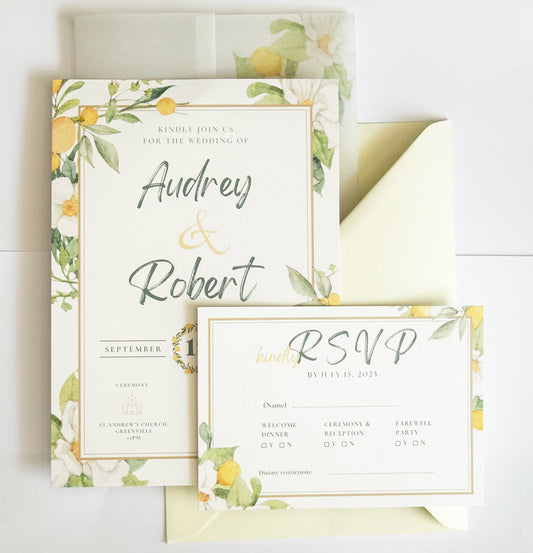 Lemon Wedding Invitation with Envelope and RSVP Card, Summer Citrus Blossom Invitations