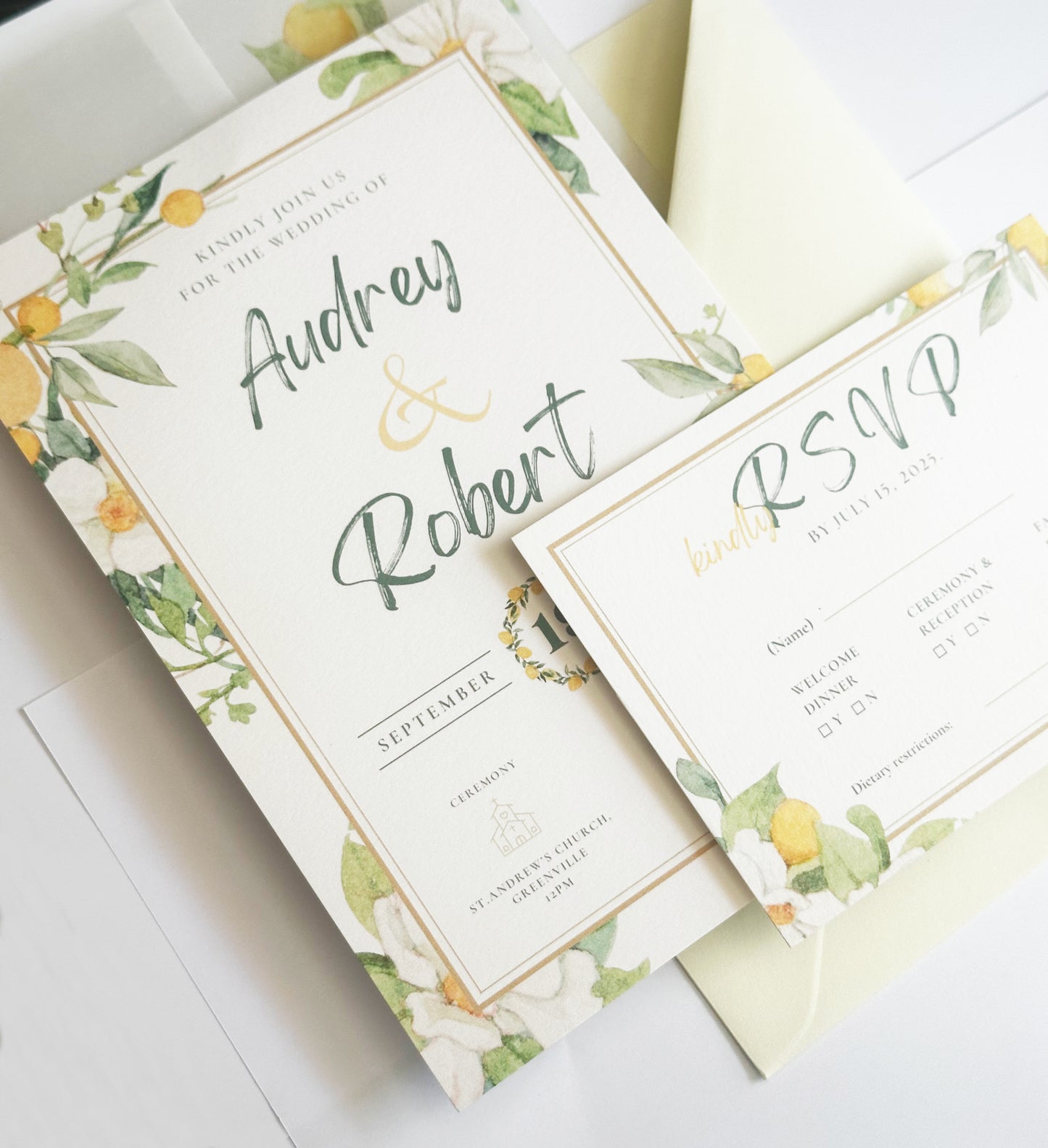 Lemon Wedding Invitation with Envelope and RSVP Card, Summer Citrus Blossom Invitations