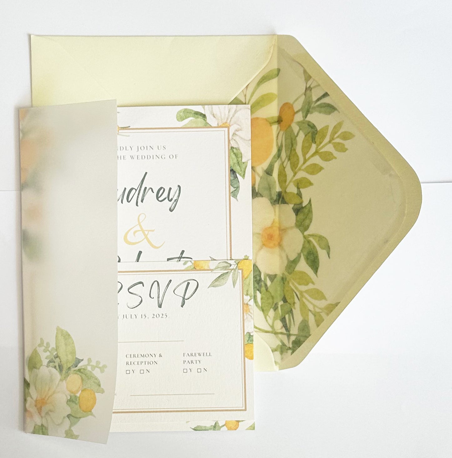 Lemon Wedding Invitation with Envelope and RSVP Card, Summer Citrus Blossom Invitations