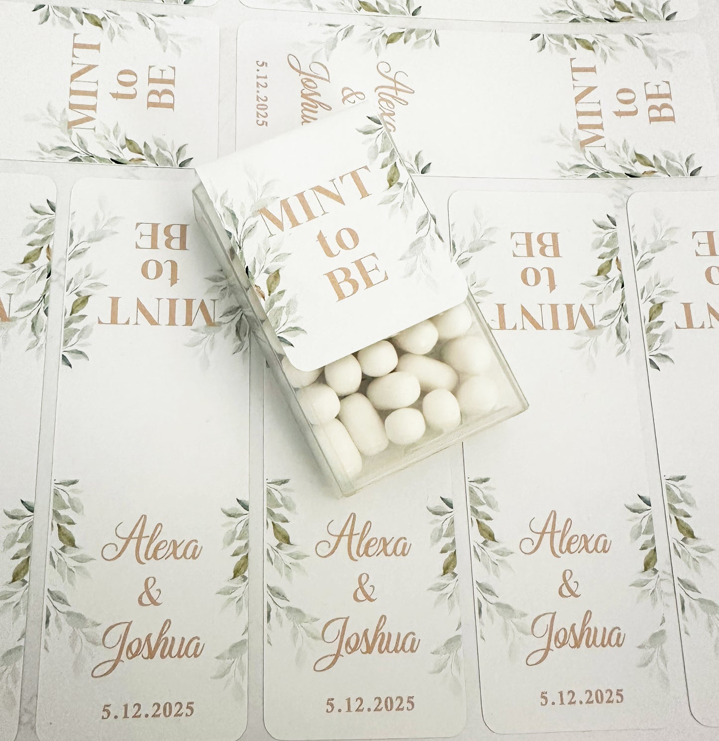 20 Elegant Mint Favor Stickers with Green Leaves for Weddings and Bridal Showers