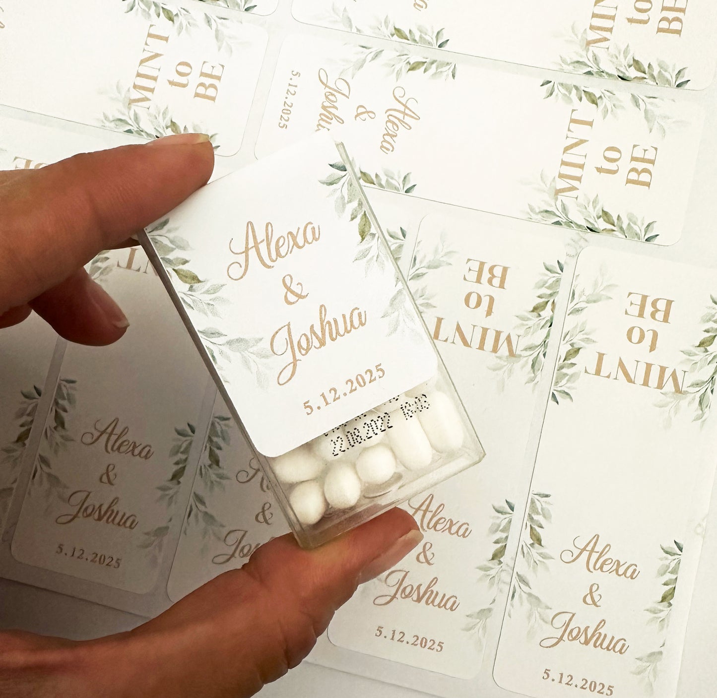 20 Elegant Mint Favor Stickers with Green Leaves for Weddings and Bridal Showers