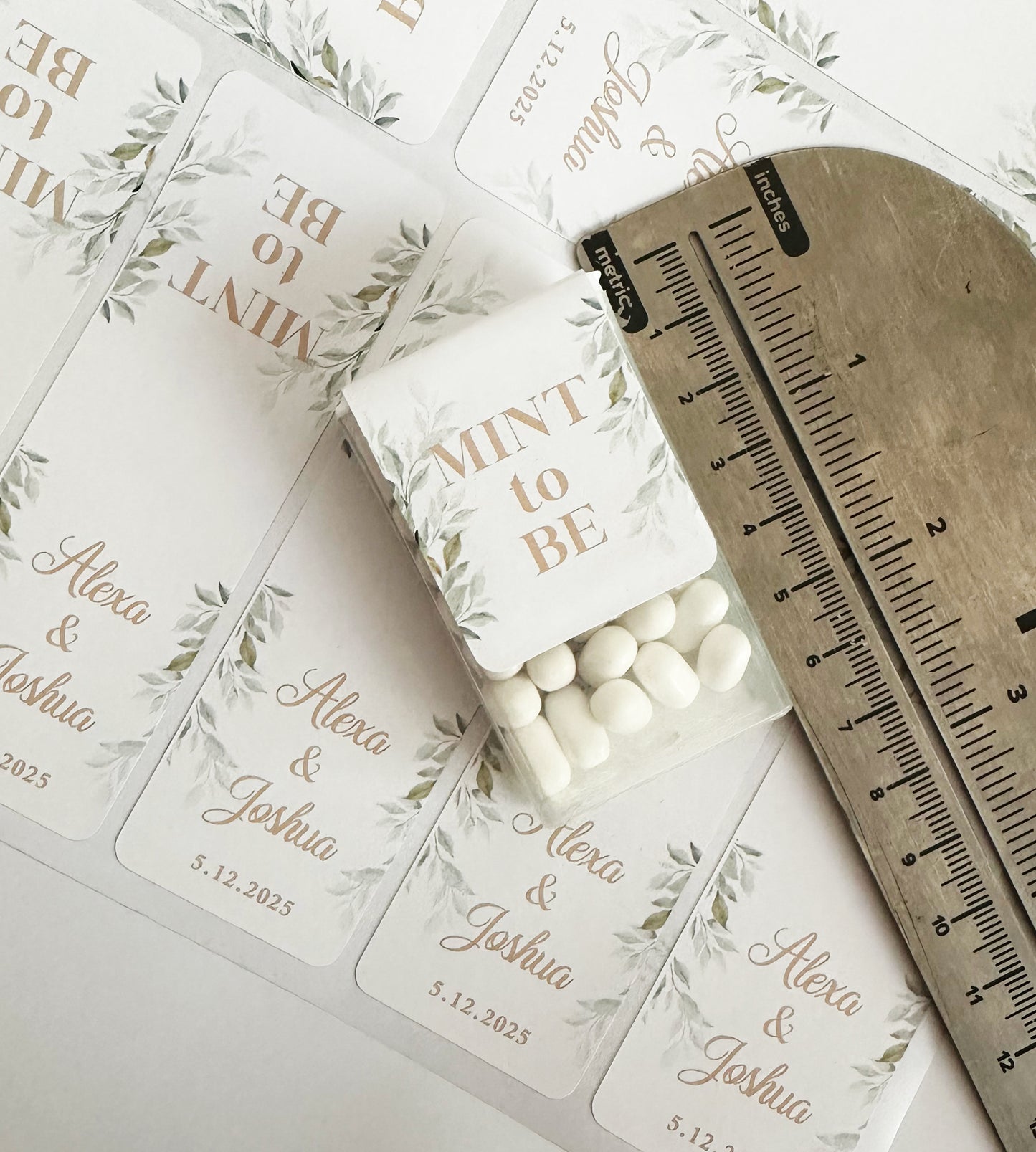 20 Elegant Mint Favor Stickers with Green Leaves for Weddings and Bridal Showers