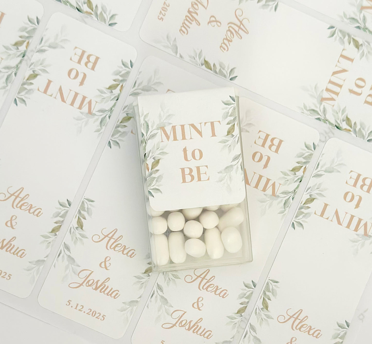 20 Elegant Mint Favor Stickers with Green Leaves for Weddings and Bridal Showers