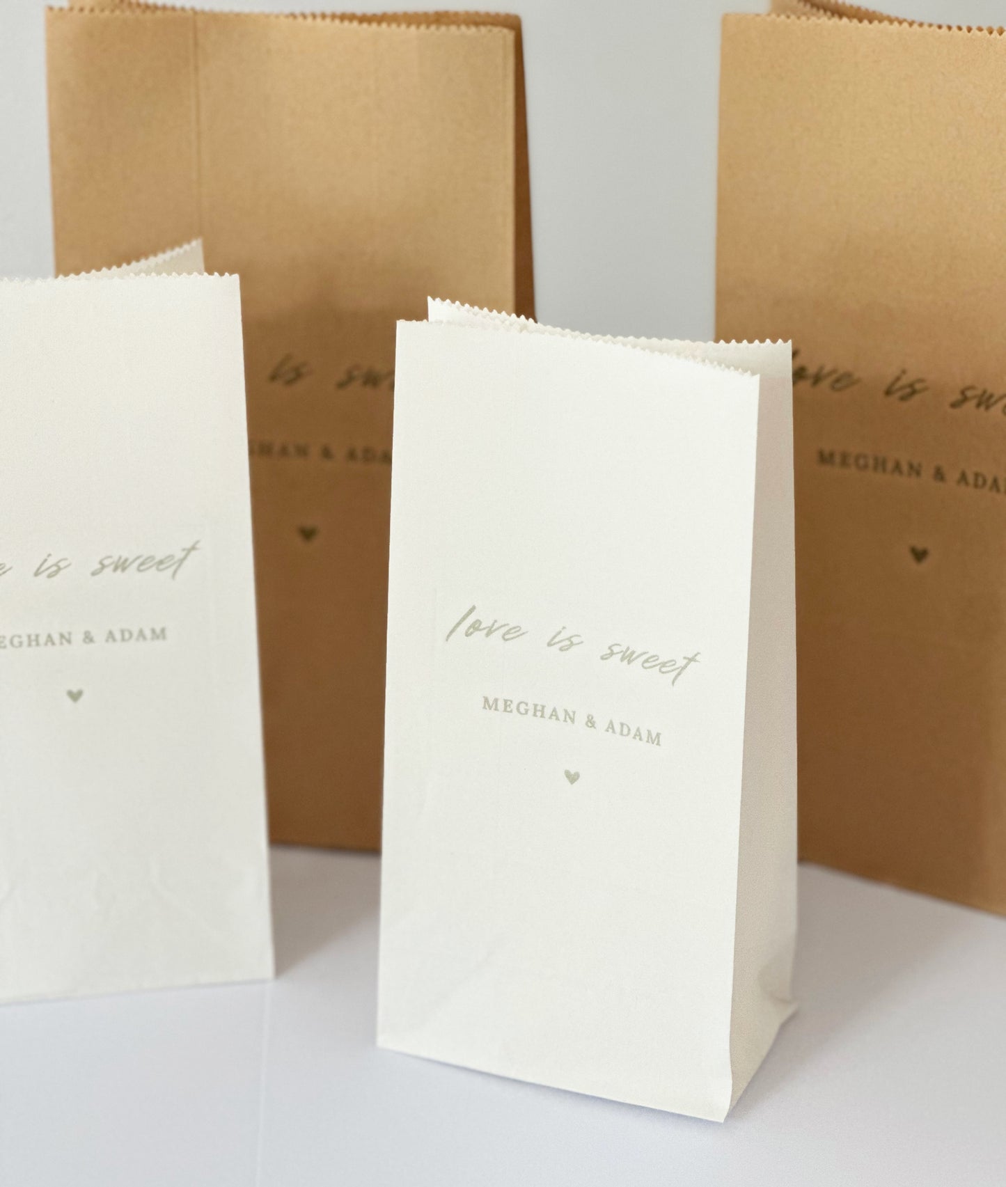 Custom White and Kraft Love is Sweet Favor Bags for Weddings and Parties