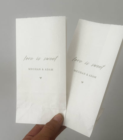 Custom White and Kraft Love is Sweet Favor Bags for Weddings and Parties