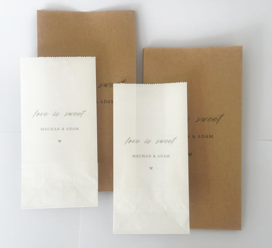 Custom White and Kraft Love is Sweet Favor Bags for Weddings and Parties