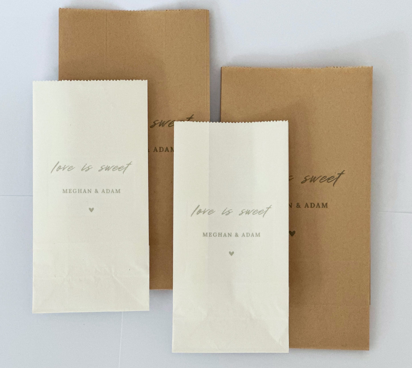 Custom White and Kraft Love is Sweet Favor Bags for Weddings and Parties