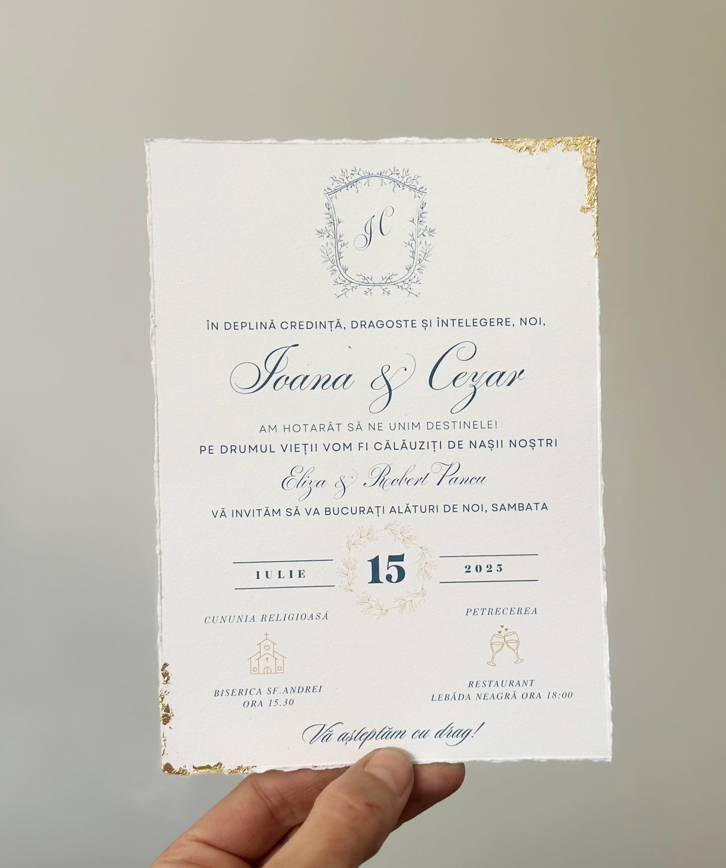 Elegant Wedding Invitation in Blue and Gold with Floral Vellum Wraps