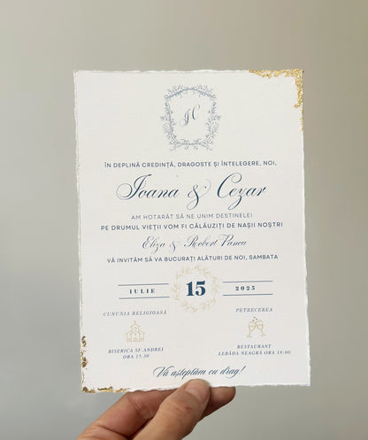 Elegant Wedding Invitation in Blue and Gold with Floral Vellum Wraps
