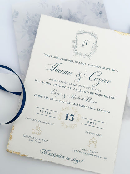 Elegant Wedding Invitation in Blue and Gold with Floral Vellum Wraps