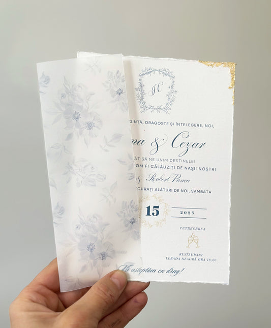 Elegant Wedding Invitation in Blue and Gold with Floral Vellum Wraps