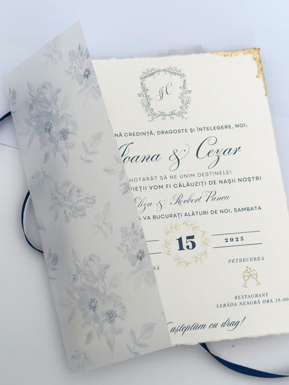 Elegant Wedding Invitation in Blue and Gold with Floral Vellum Wraps