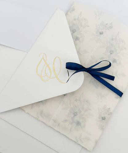 Elegant Wedding Invitation in Blue and Gold with Floral Vellum Wraps