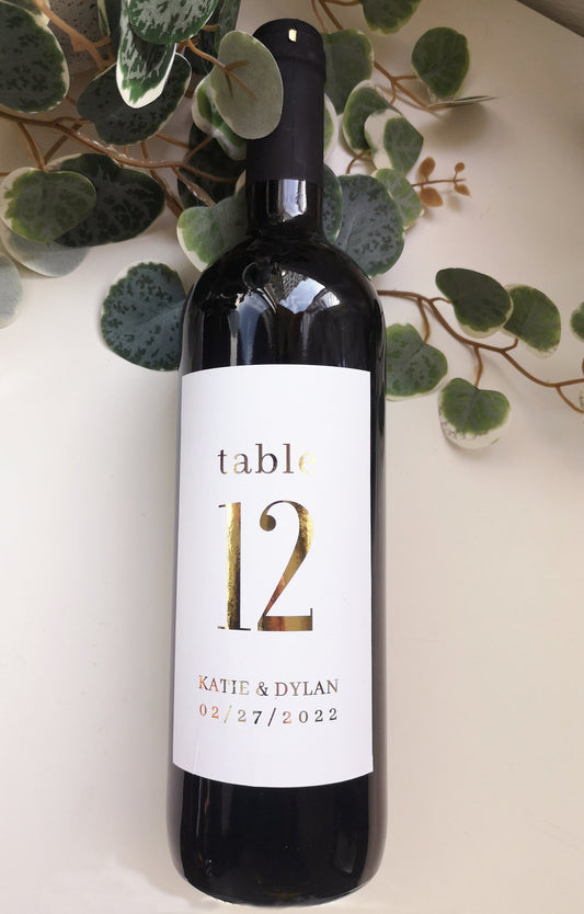 Gold, or Silver foil Wine Bottle Table Numbers, Personalized wine bottle labels