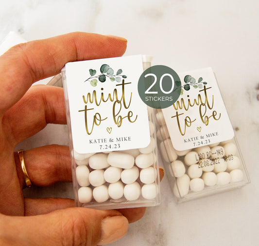20 Tic Tac Mint to Be Favor Stickers with Green Leaves for Weddings and Bridal Showers